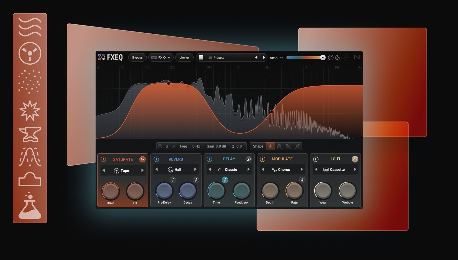 Close-up of the saturation module in an iZotope plugin, featuring harmonic distortion meters.