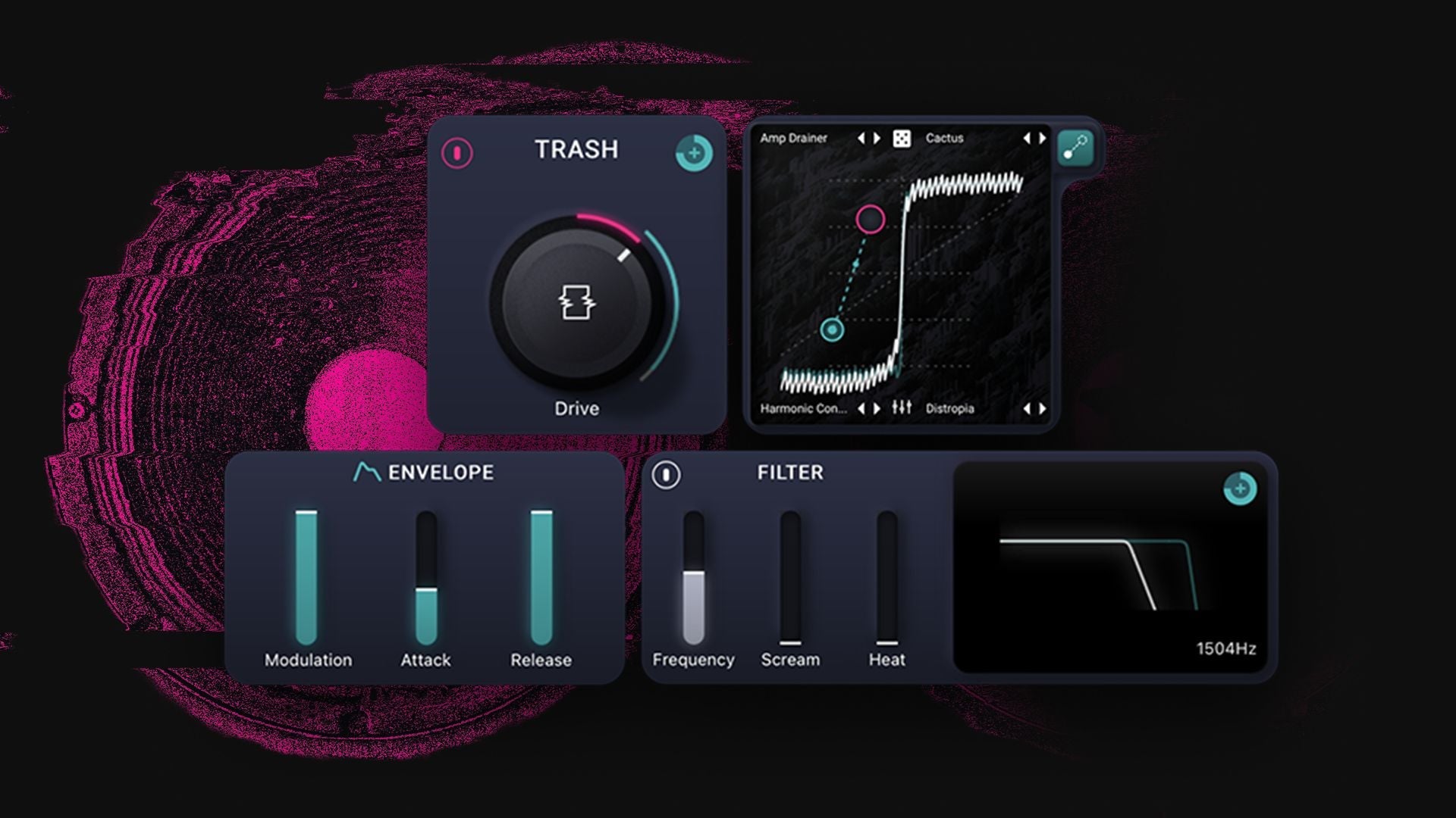 iZotope Trash interface showing the envelope follower module for dynamic distortion modulation.