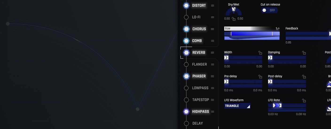 Hero image background showing a variety of effects modules available in iZotope Spire Studio.