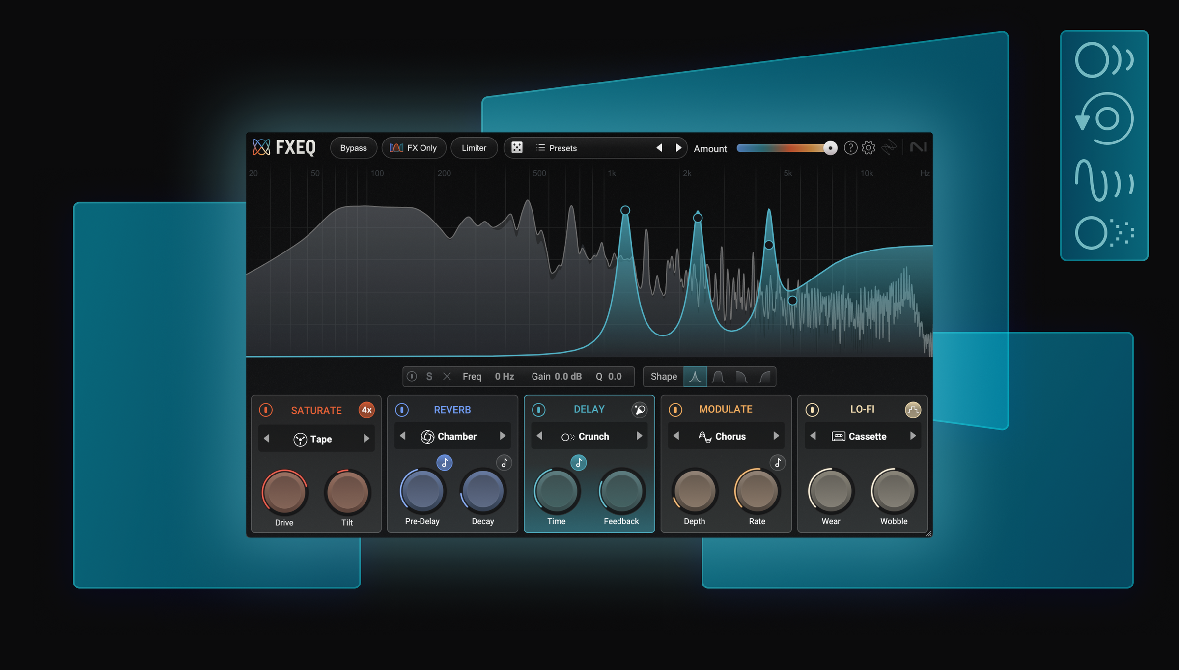 FXEQ audio equalization software interface showing delay controls with a dark background
