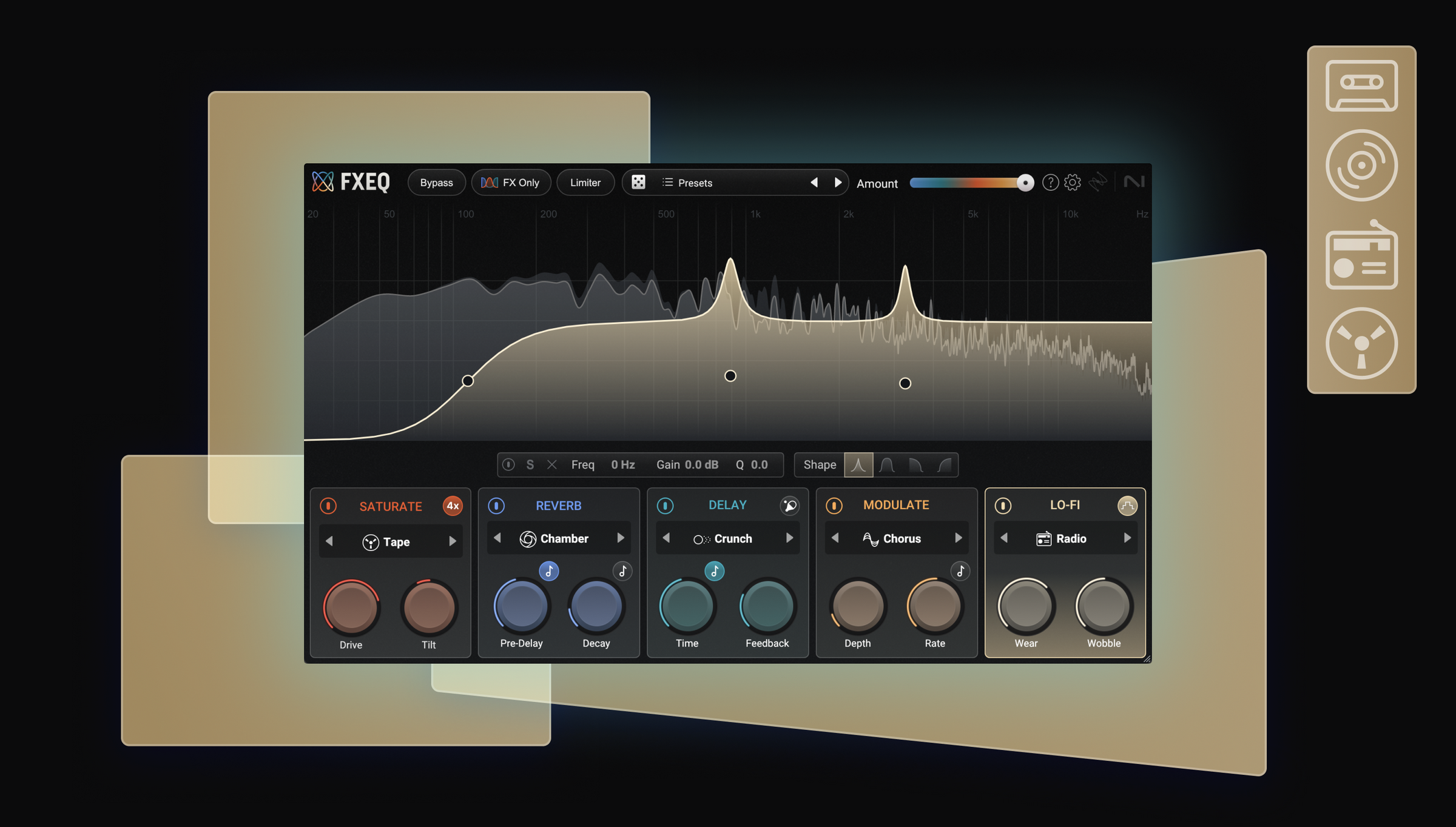 FXEQ audio equalization software interface showing Lo-Fi controls on a dark background