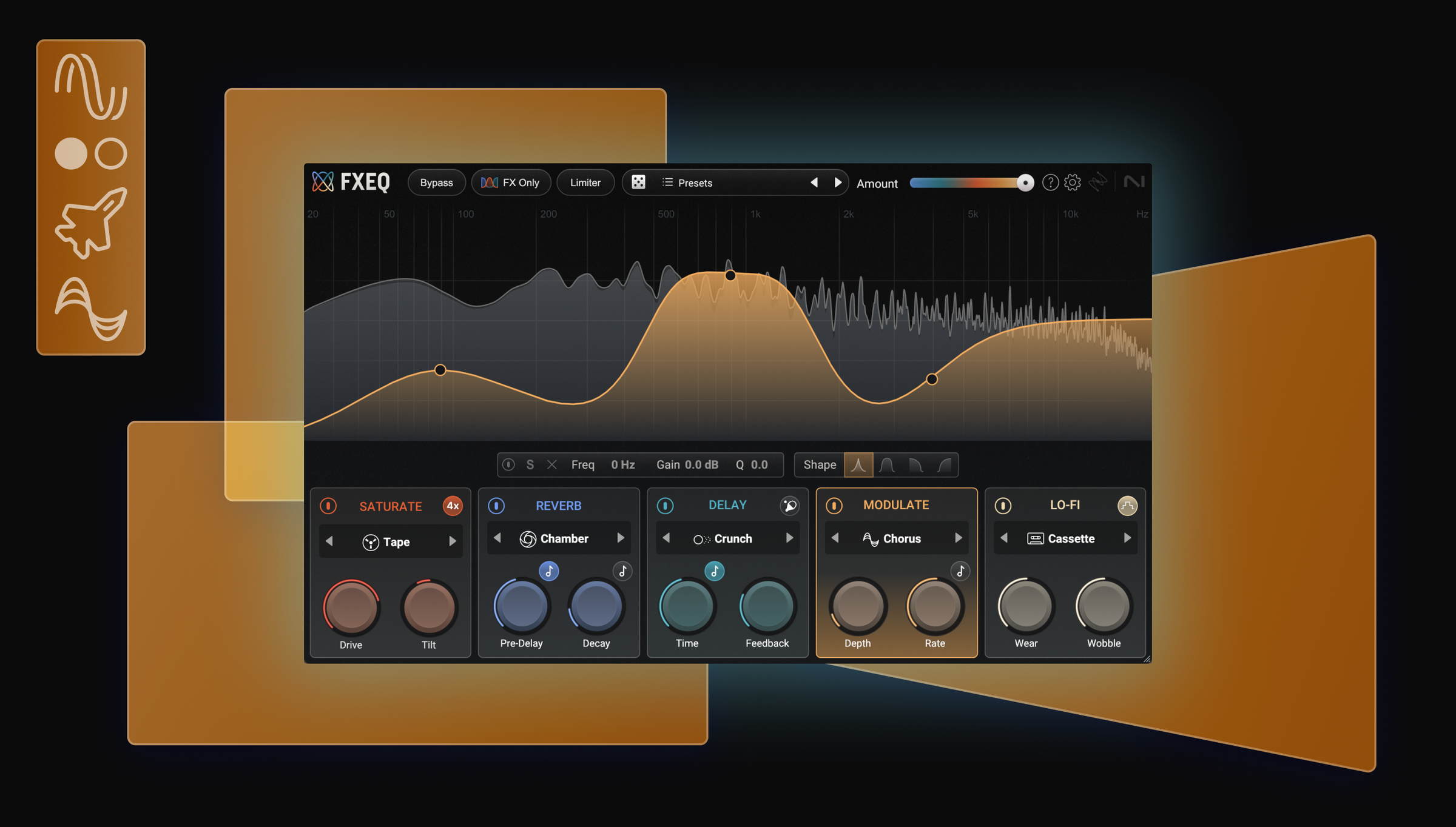 iZotope FXEQ Modulation module interface featuring rate and depth controls.