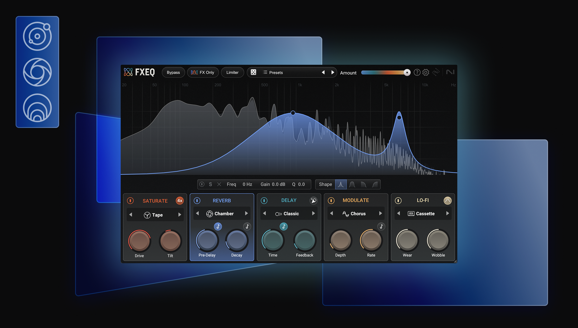 iZotope FXEQ Reverb module interface showing Pre-delay and Decay controls.