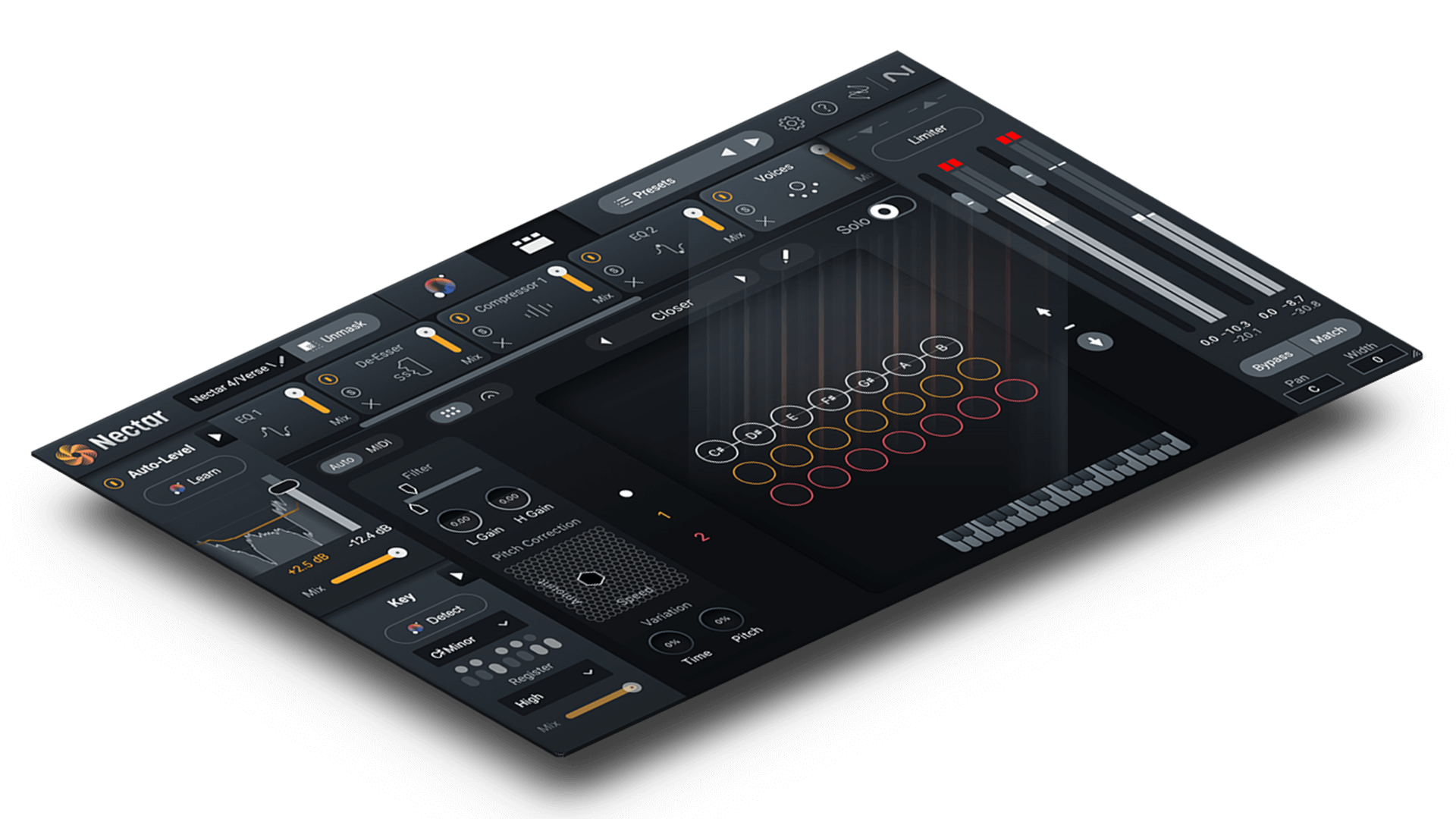 iZotope Nectar 4 Harmony module interface showing vocal layers and pitch controls.