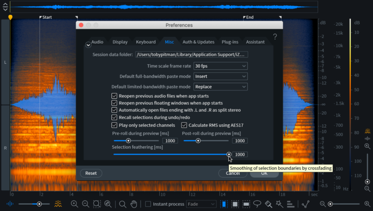 Selection feathering creates a smooth transition when copy/pasting audio