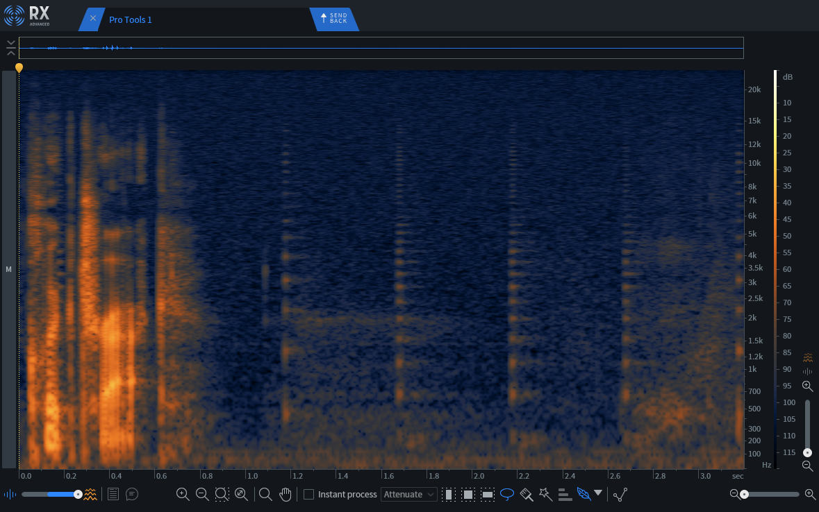 A spectrogram shows bleed from a click track at the end of a vocal phrase