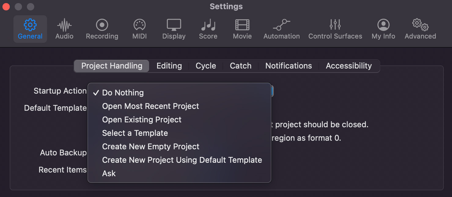 Options for opening a new session in Logic