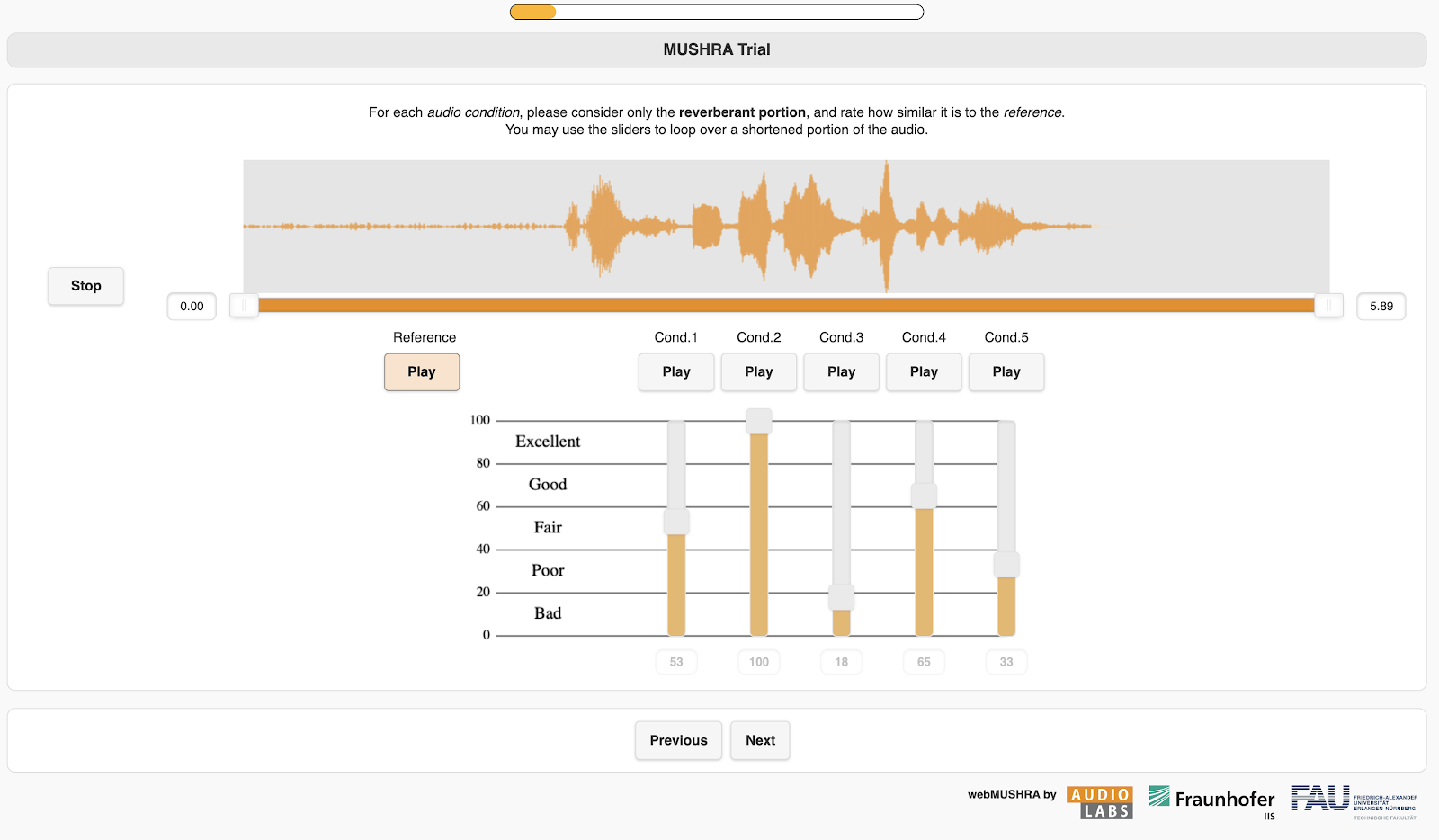 Dialogue Match experiment conducted using webMUSHRA by AudioLabs Schoeffler, M. et al., (2018). webMUSHRA — A Comprehensive Framework for Web-based Listening Tests. Journal of Open Research Software. 6(1), p.8.