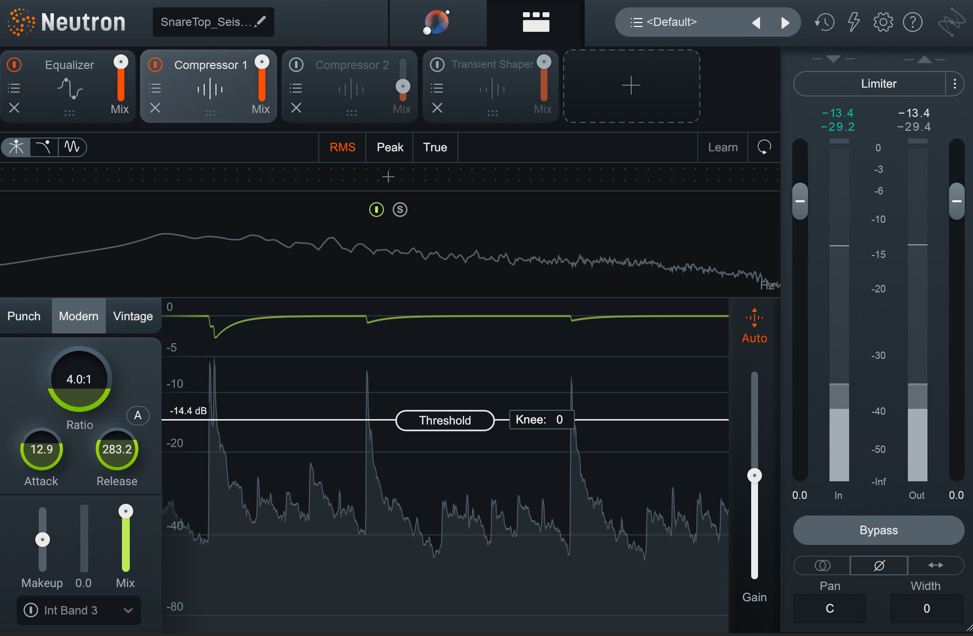 Using compression on the snare drum to even out dynamic variances with Neutron