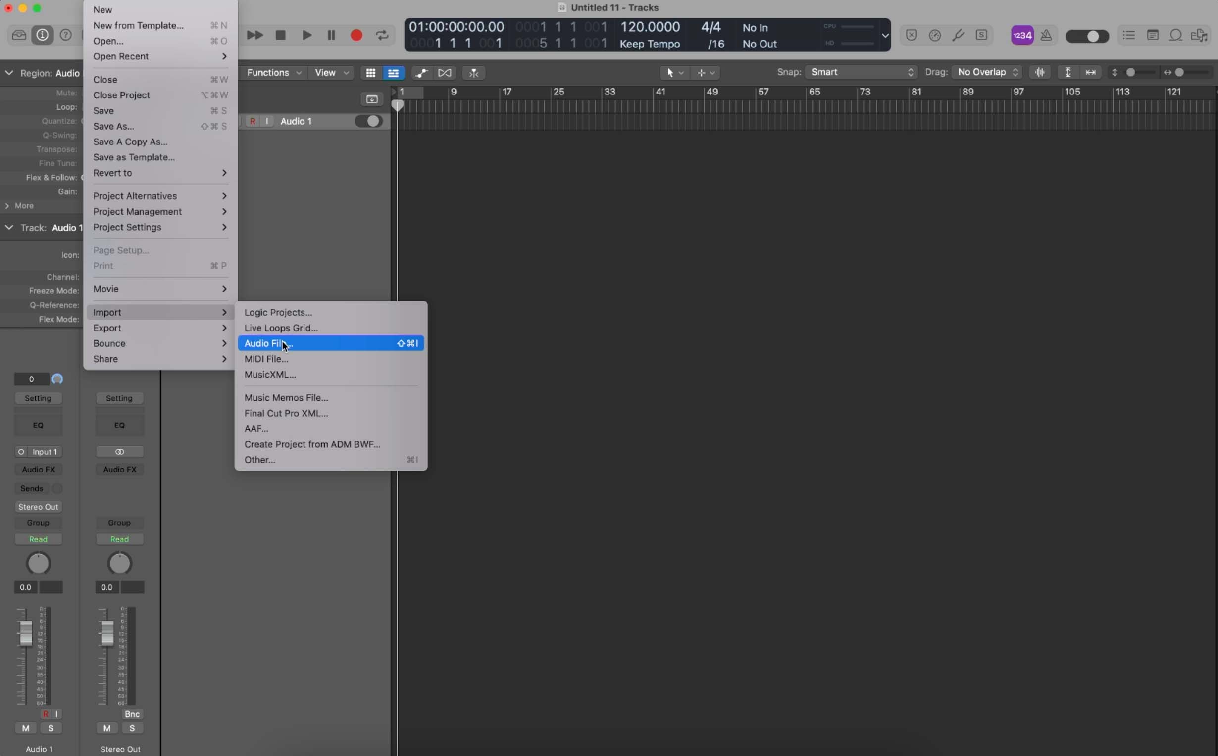 Import audio files from the File menu into Logic Pro X