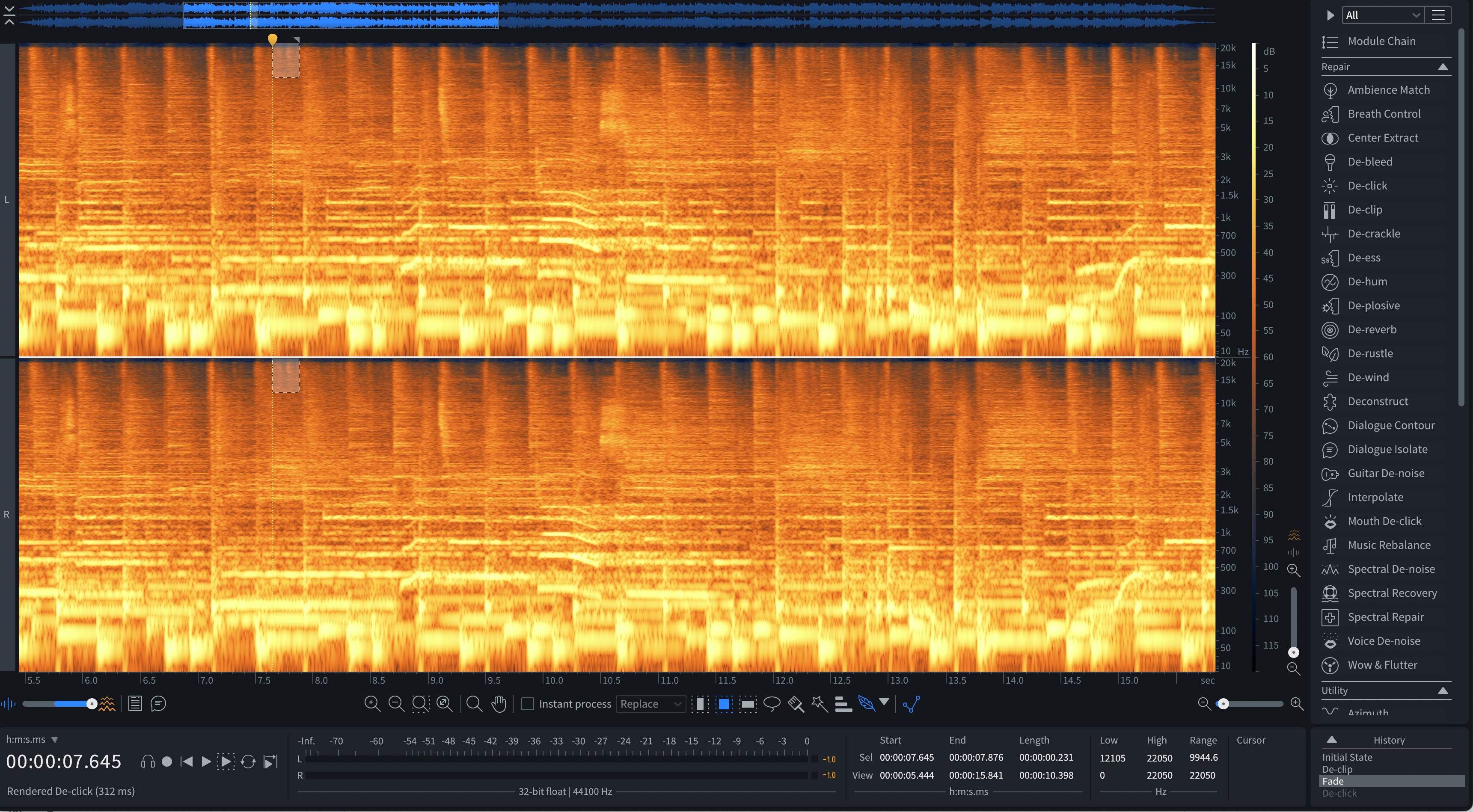 Screenshot 4 - a spectrogram in RX with a bit of high-frequency gunk selected for removal.jpeg