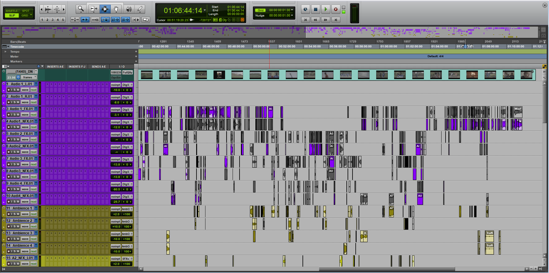 An AAF file opened in Pro Tools that has been organized with color-coding
