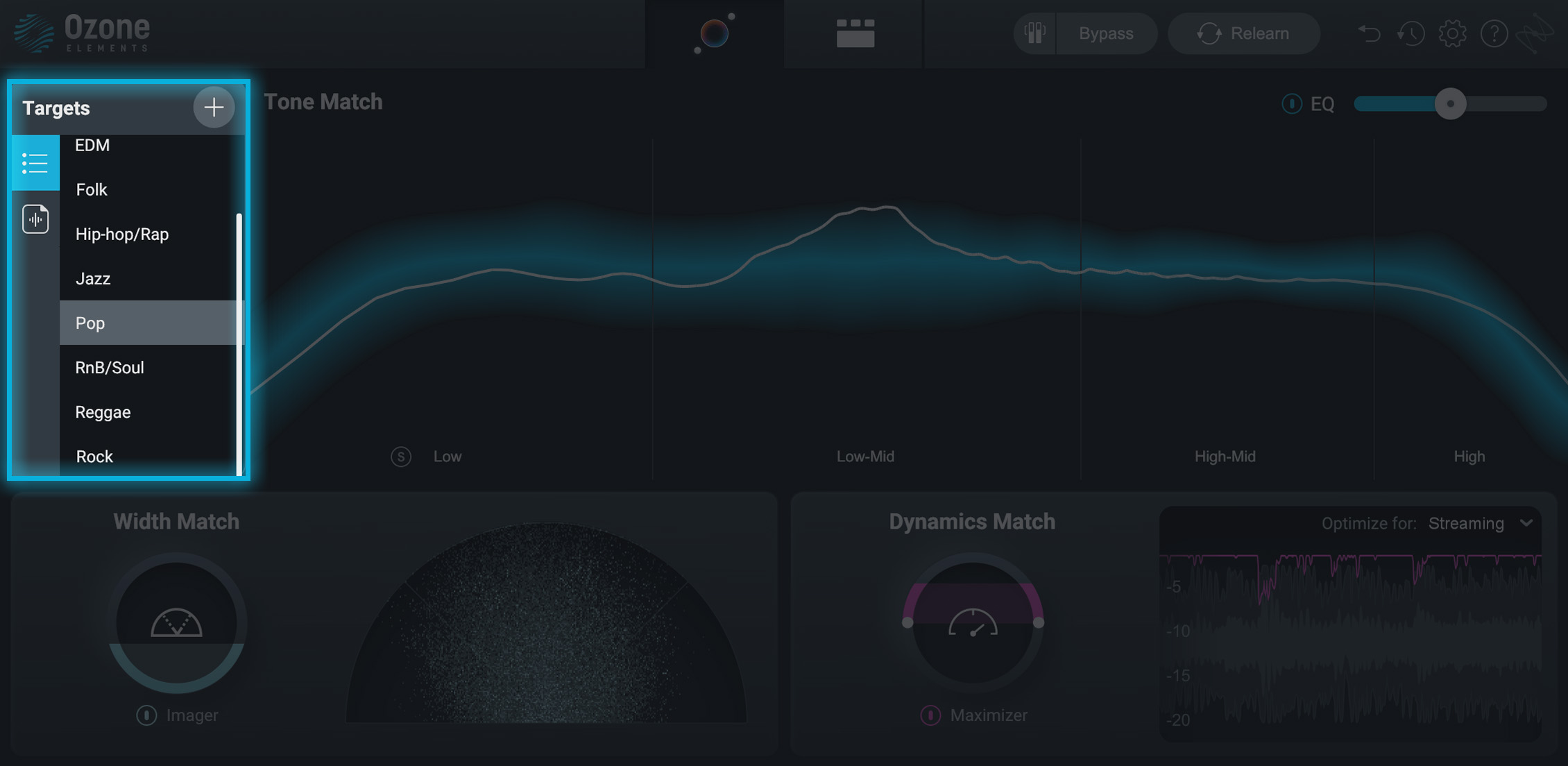 New Targets section in Ozone Elements matches your audio to target curves of chart-topping hits