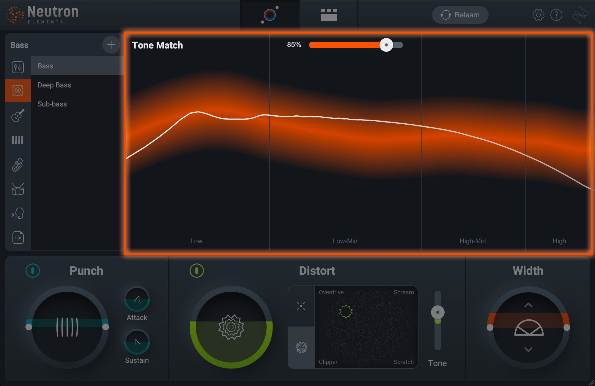 The orange line represents the spectral profile of the preset or reference you selected, while the thinner line represents your audio