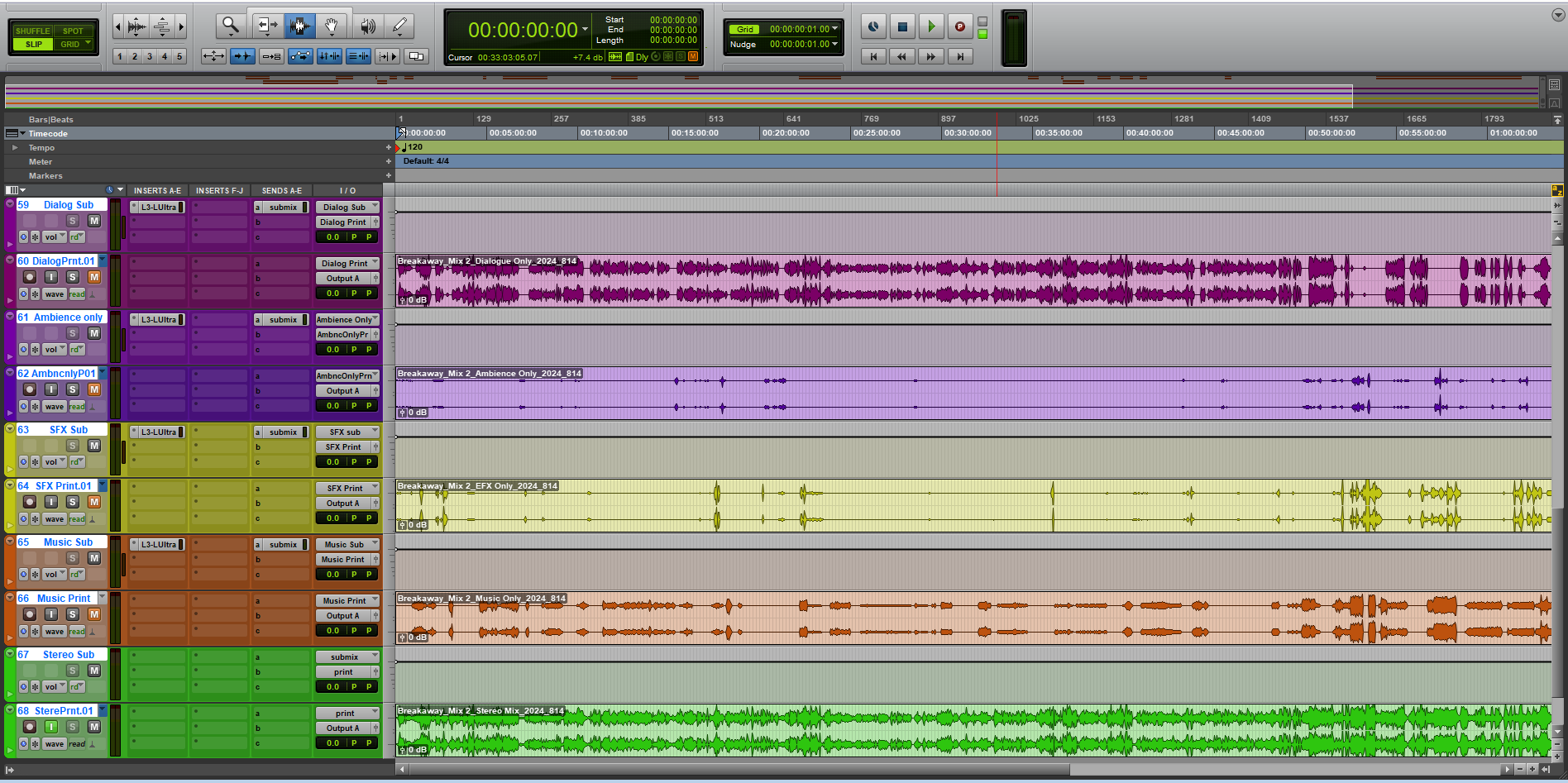Dialogue, music, and sound effects tracks routed to different tracks for easy separation