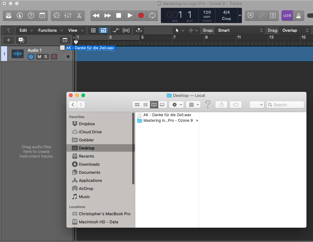 Dragging a stereo file from the Mac Finder to the Tracks Area in Logic Pro