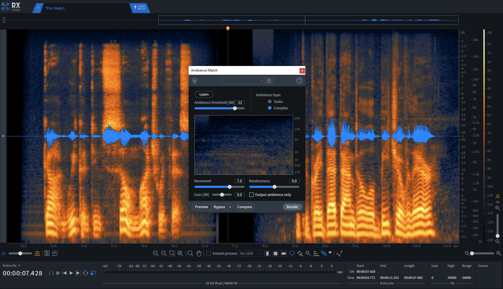 Ambience Match in RX samples ambient sound from one recording and applies it to another recording