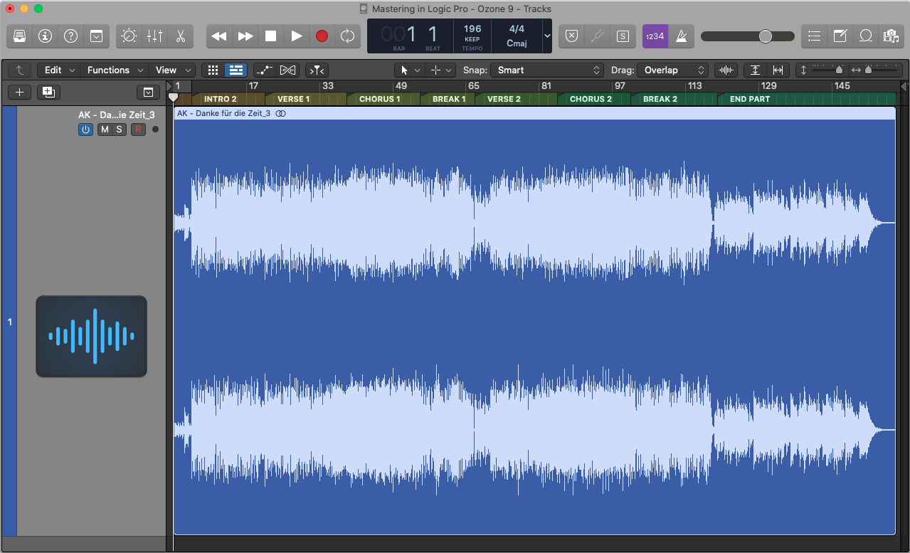 The imported stereo file, markers, and tempo