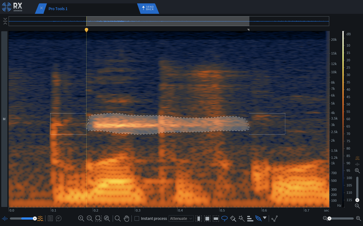 RX11 shows a spectrogram of a beep from a smoke detector during a dialog recording