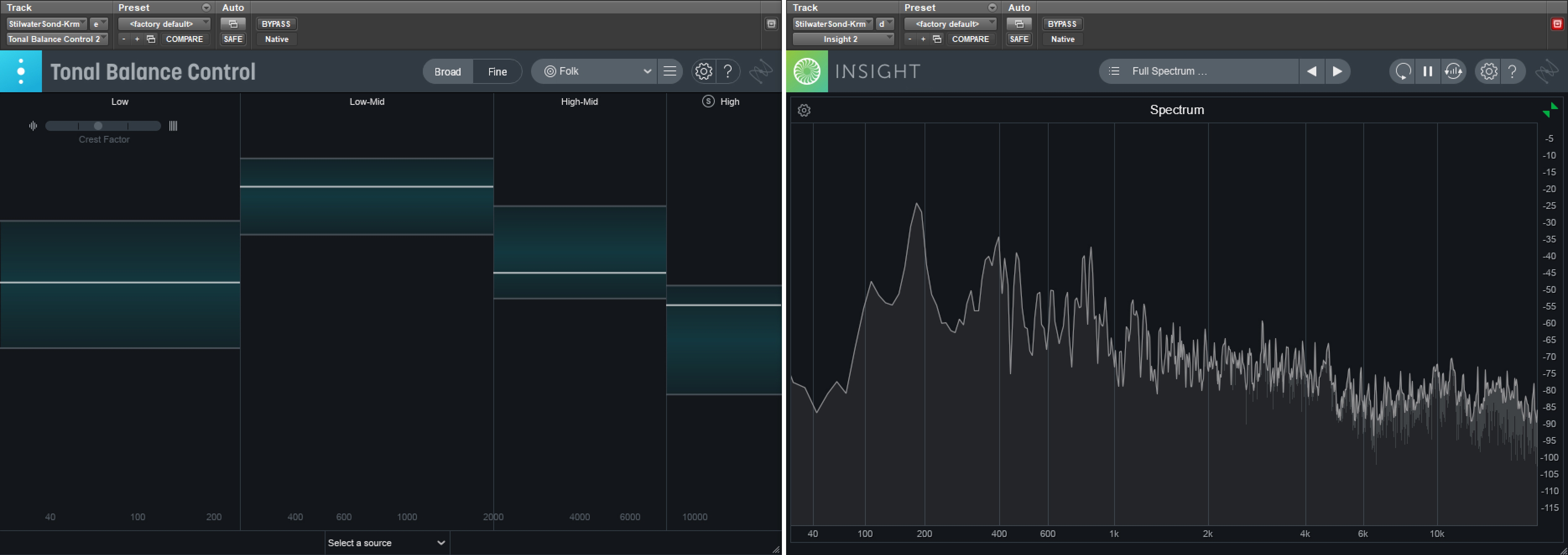 Frequency curve of the same song displayed in the Tonal Balance Control plug-in versus the Spectrum Analyzer in Insight