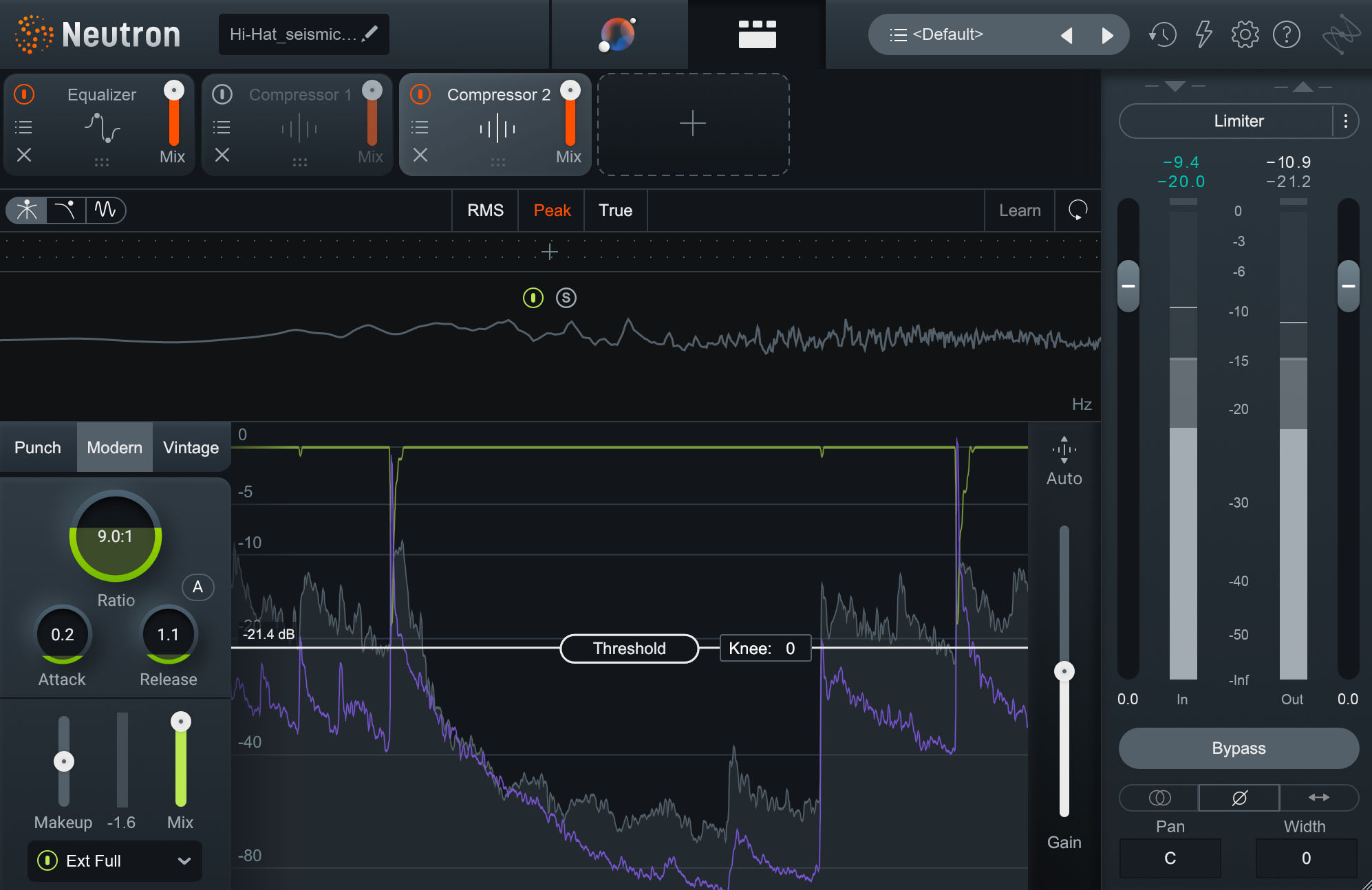 Hi-hat compression settings to mitigate snare bleed with Neutron