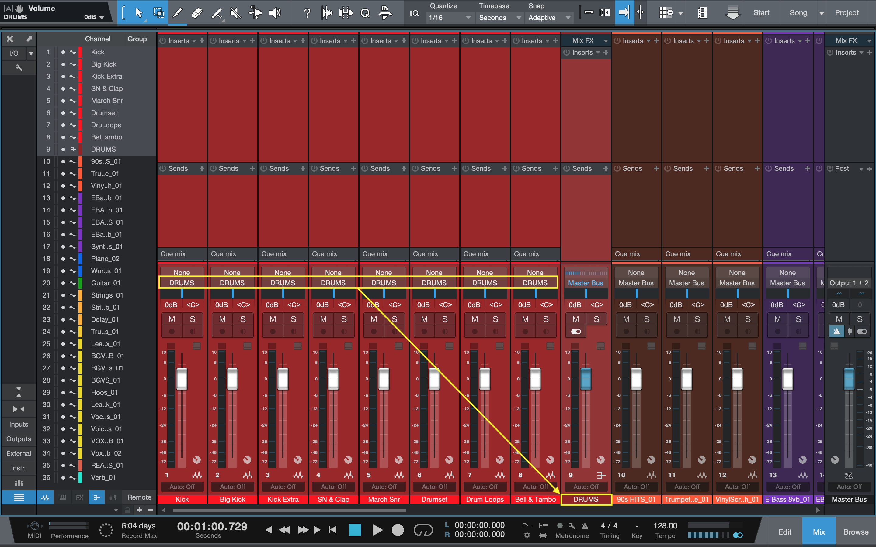 Drum channels routed to a drum subgroup bus (yellow)