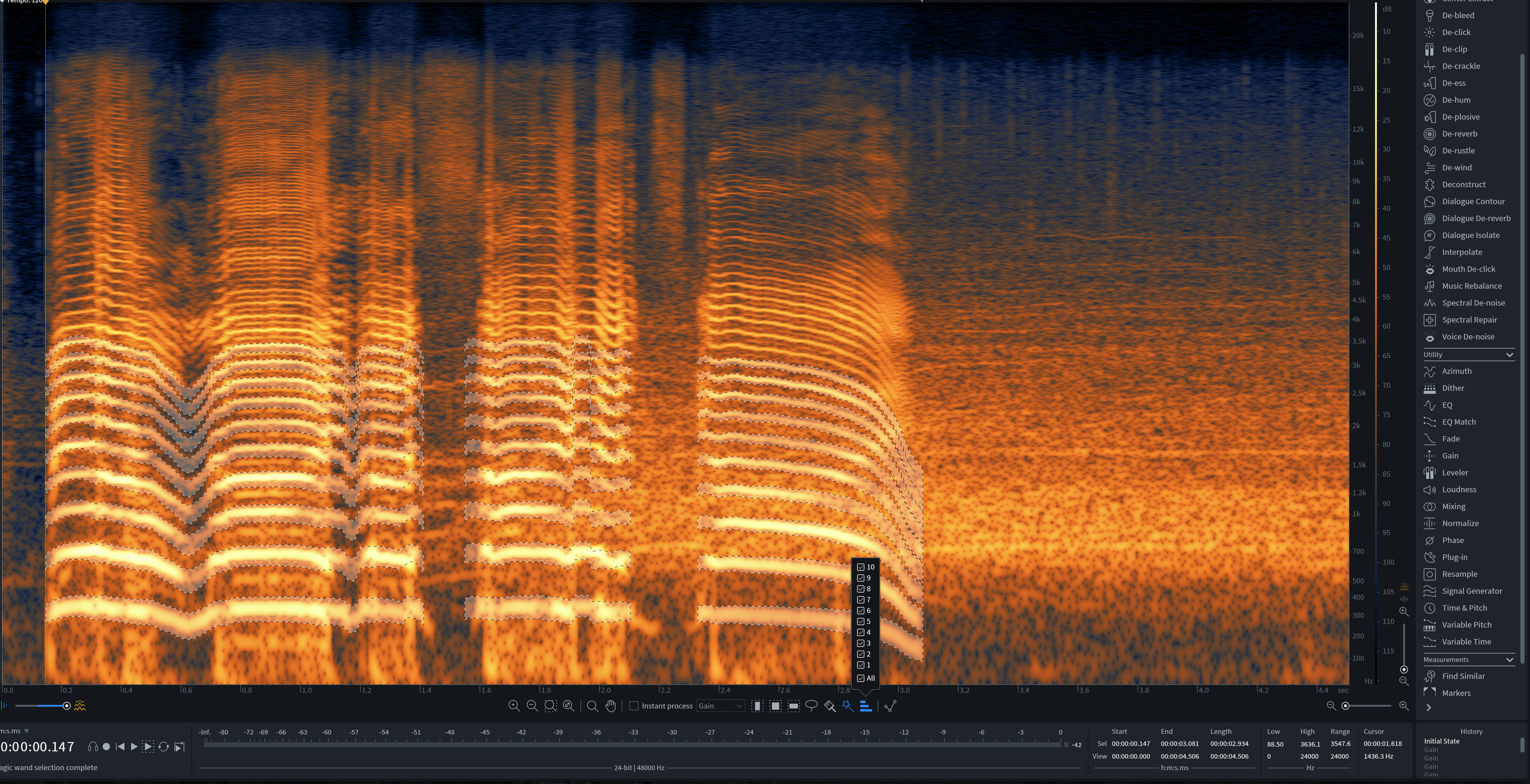 Use the Spectrogram view to target fundamental and harmonic frequencies.