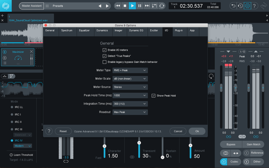 Checking post-encode peak headroom in Ozone 9