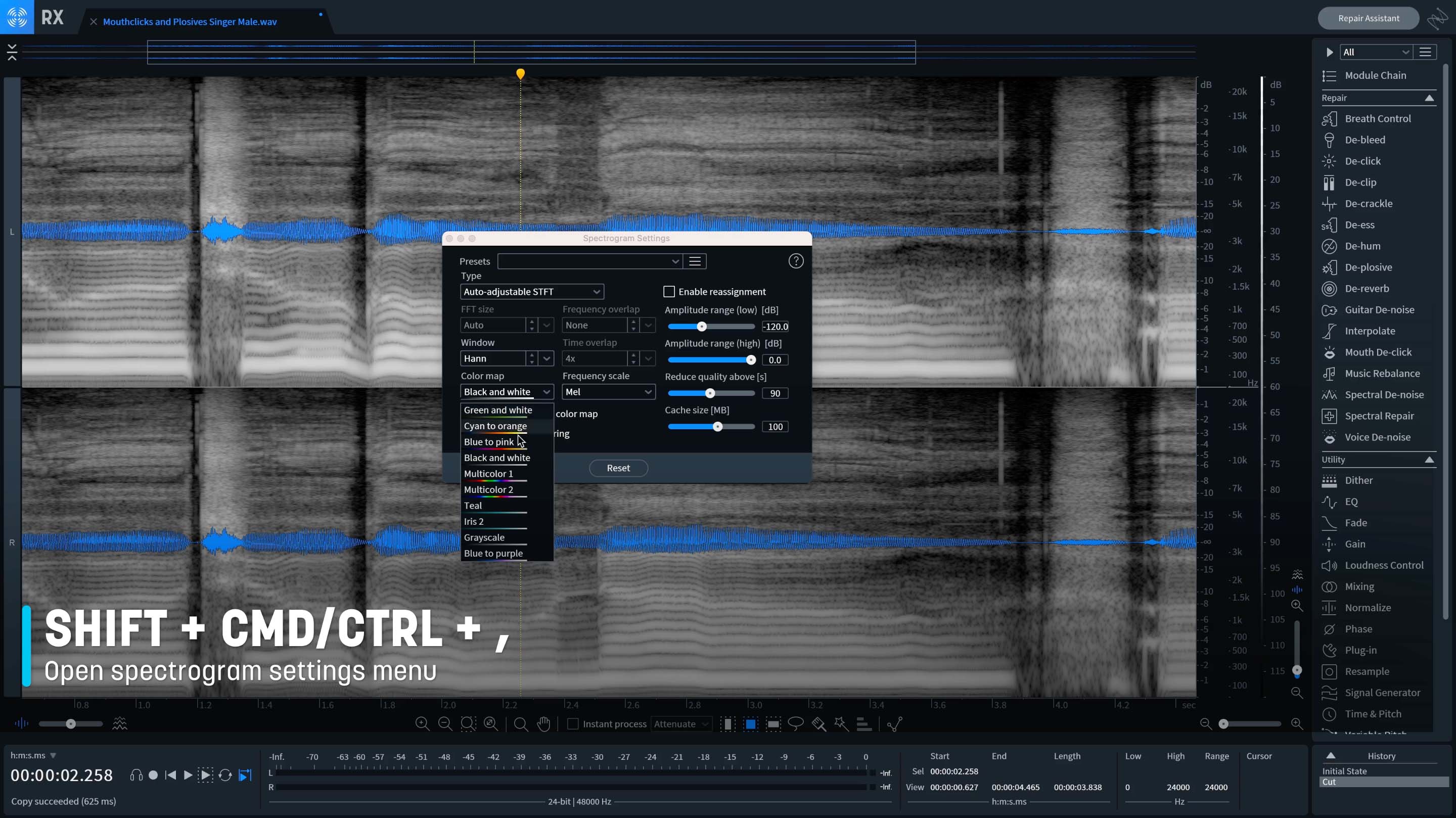 Alter aspects of the spectrogram’s colormap and type of calculation algorithm by pressing shift, command or control, and comma